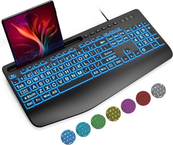 Large Print Backlit USB Keyboard with Wrist Rest and Phone Holder